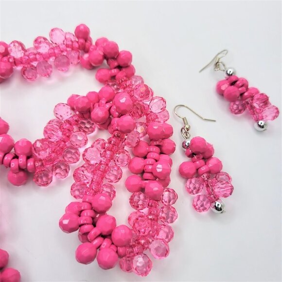 PINK and Glassy Pink Faceted Bead Cluster Necklace and Earrings Set - Picture 6 of 9